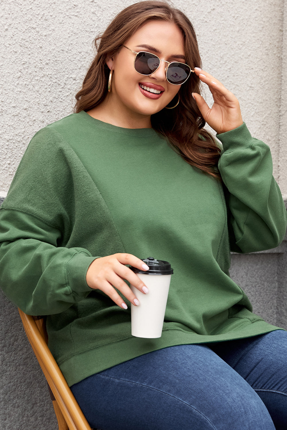 Loose Patchwork Crewneck Plus Size Sweatshirt | Blackish Green