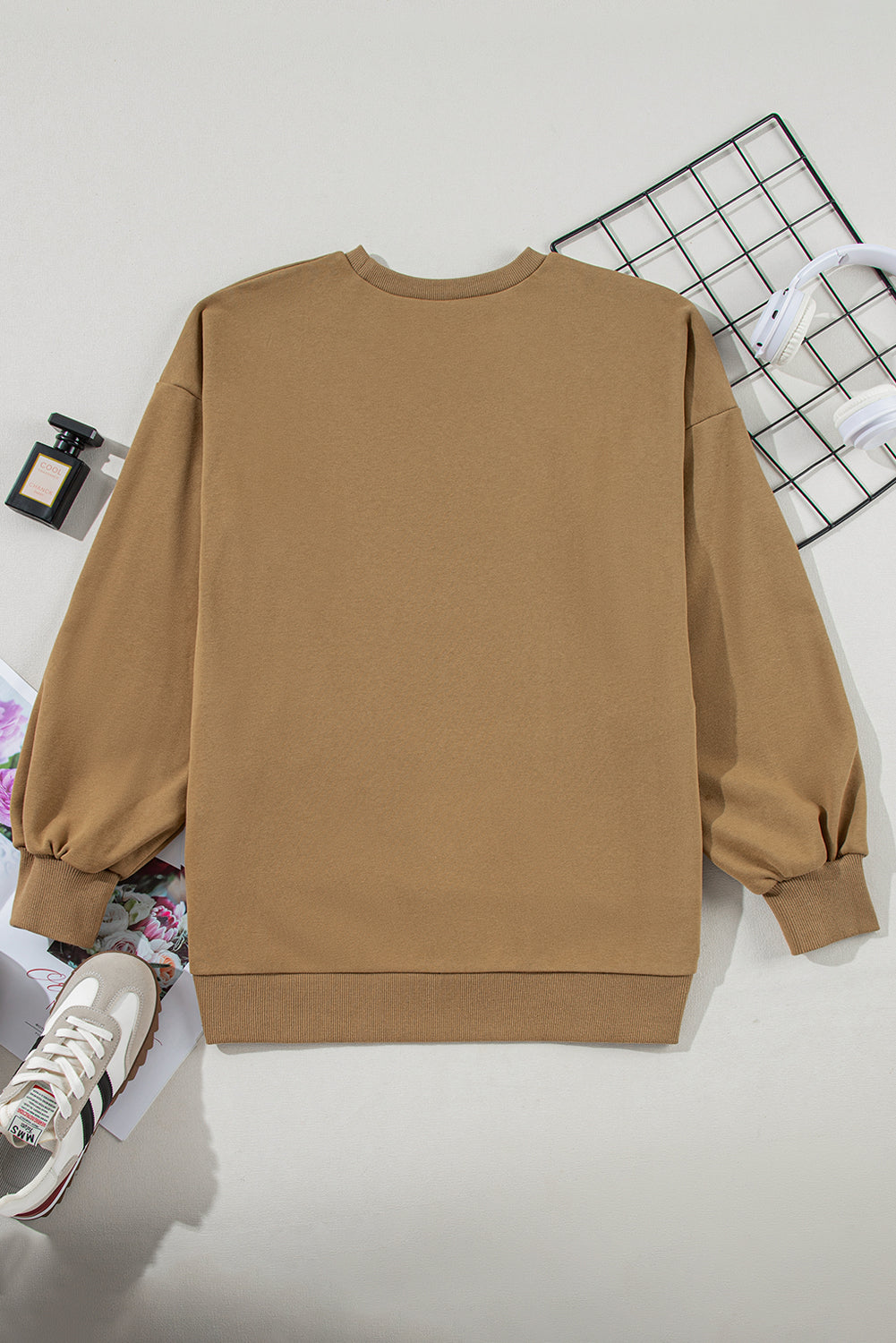 Solid O Neck High Low Hem Pullover Sweatshirt | Brown