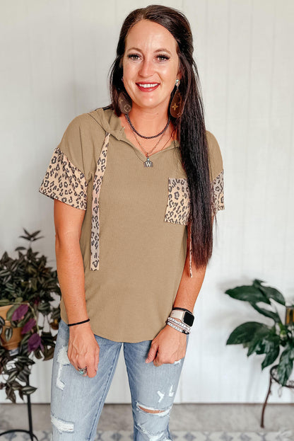 Leopard Patchwork Drawstring Hooded T Shirt | Khaki