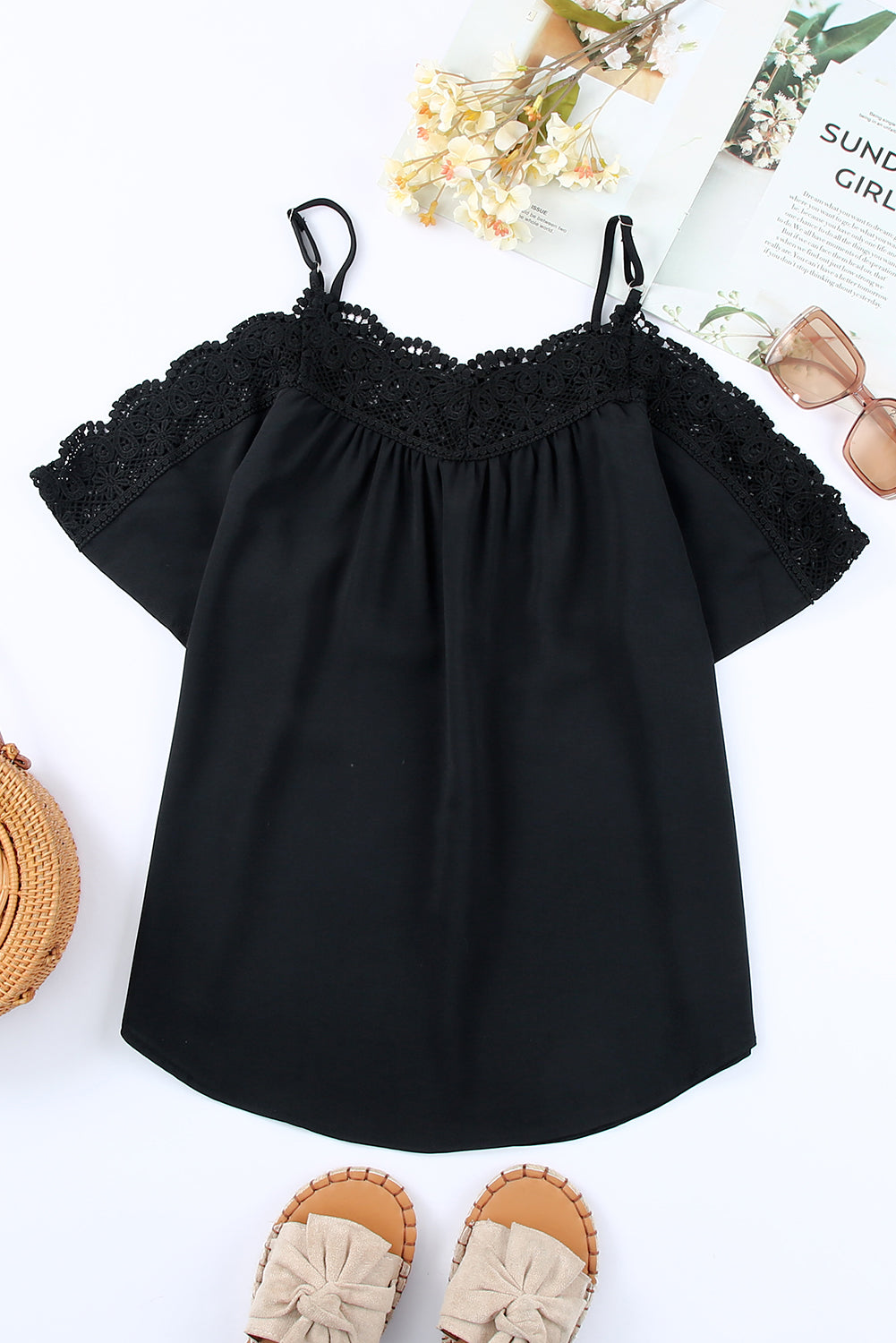 Crochet Neckline Off-Shoulder Short Sleeve Top | Black