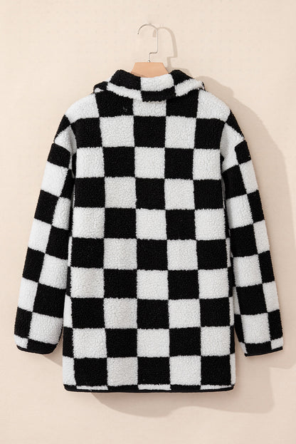 Checkered Side Pockets Collared Buttoned Fleece Jacket | Black