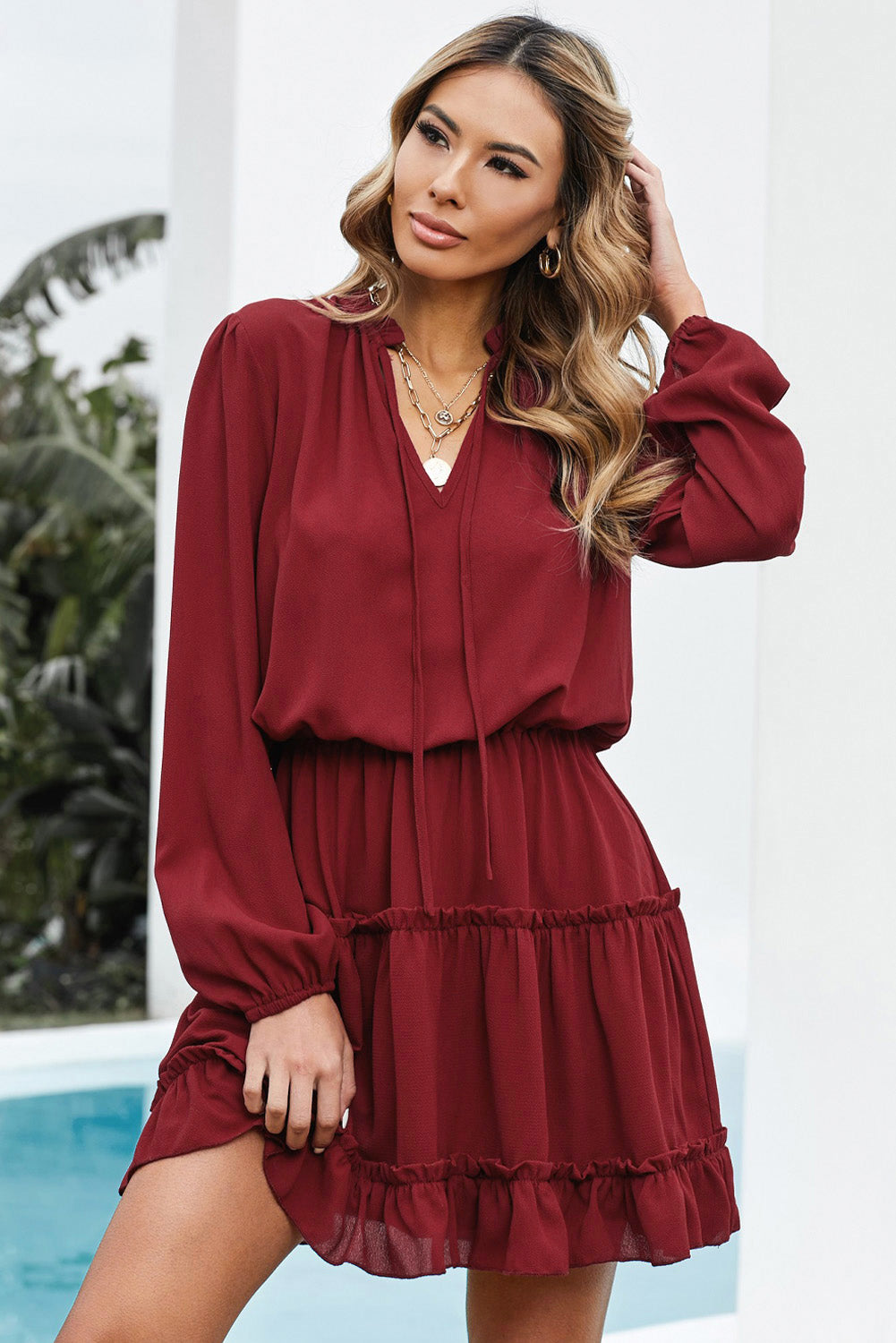 V Neck Long Sleeve Ruffle Tiered Mini Dress | Red