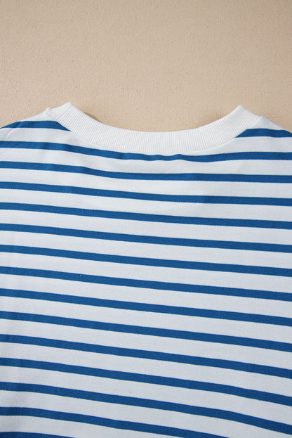 Drop Shoulder Crew Neck Loose Sweatshirt | Blue Stripe