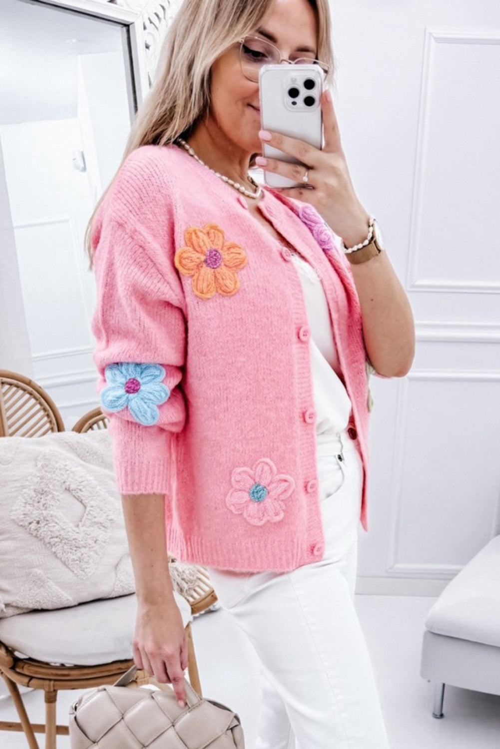 Cute Knitted Floral Pattern Button Up Cardigan | Pink