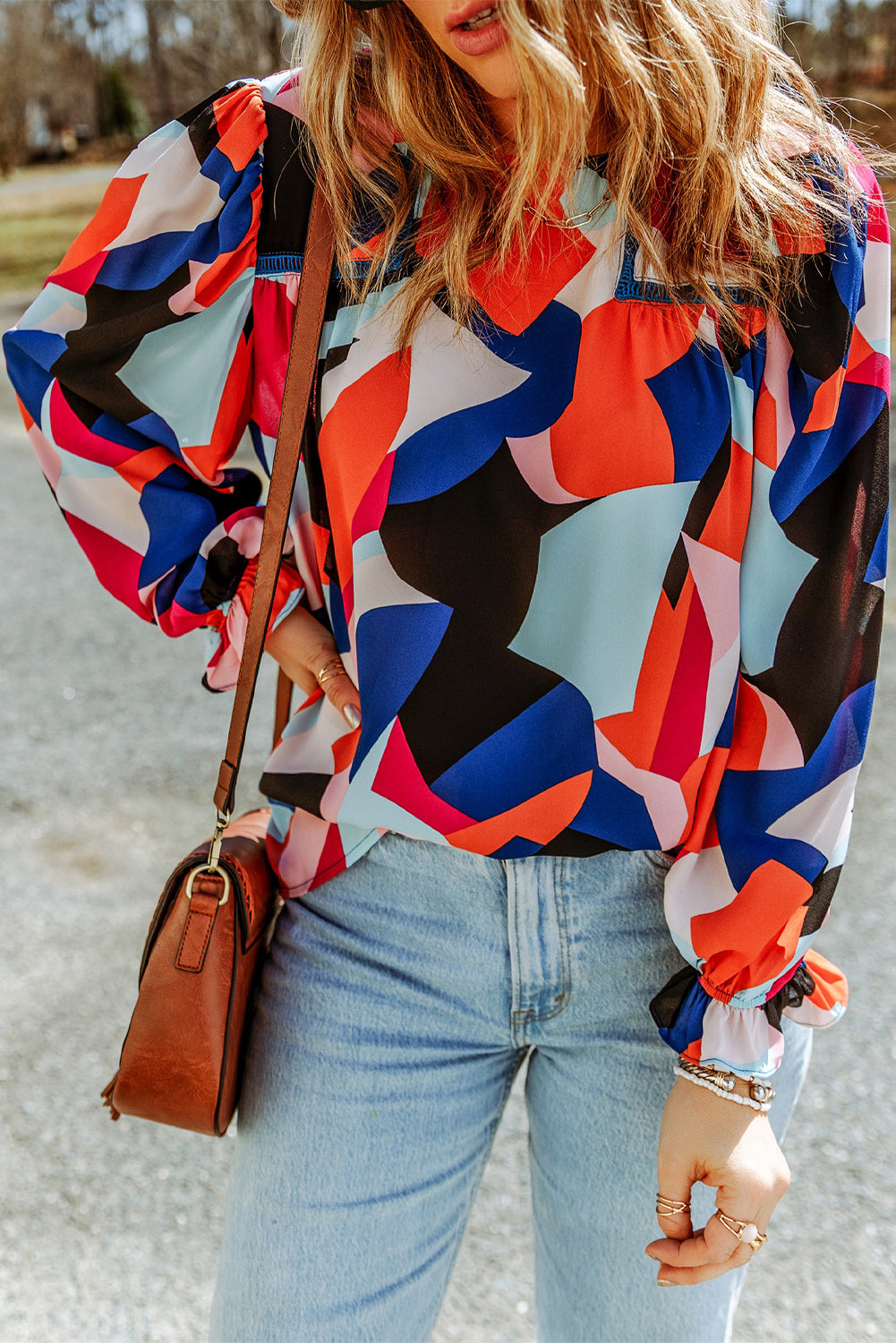 Abstract Pattern Crewneck Ruffled Puff Sleeve Blouse | Multicolour