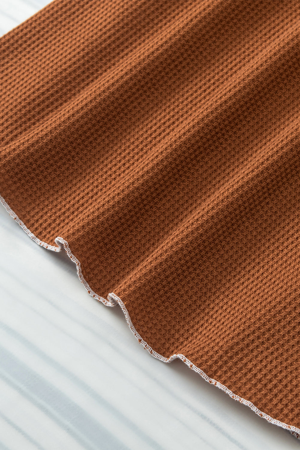 Contrast Seam Frilly Edge Waffle Knit T-Shirt | Chestnut