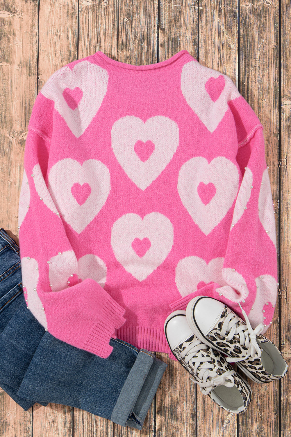 Pearl Beaded Heart Drop Shoulder Sweater | Bonbon