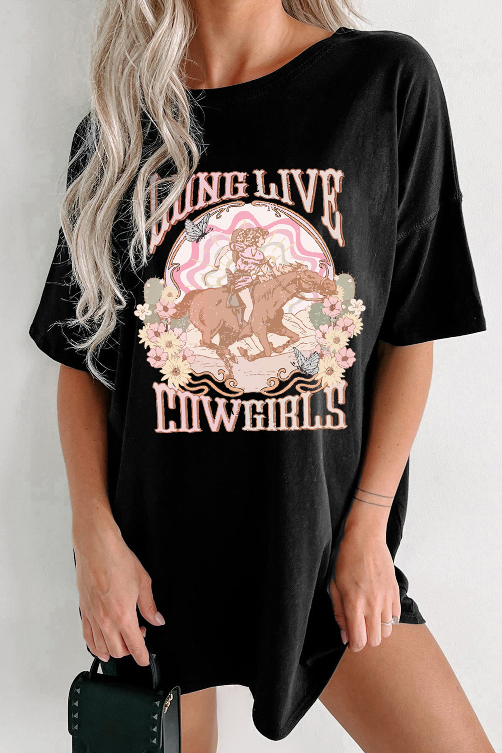 Long Live Cowgirls Graphic Crewneck T Shirt | Black