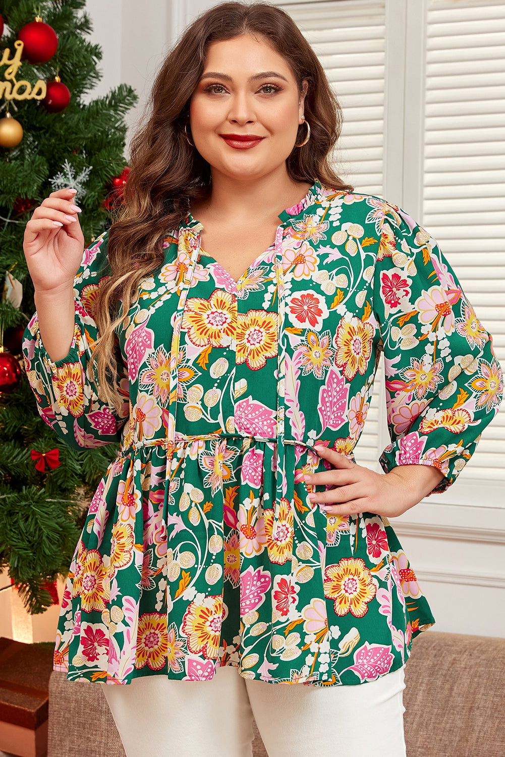 Floral Tied V Neck Long Sleeve Plus Size Babydoll Top | Green