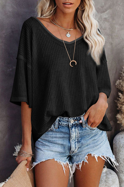 Waffle Knit Drop Shoulder Loose Top | Black