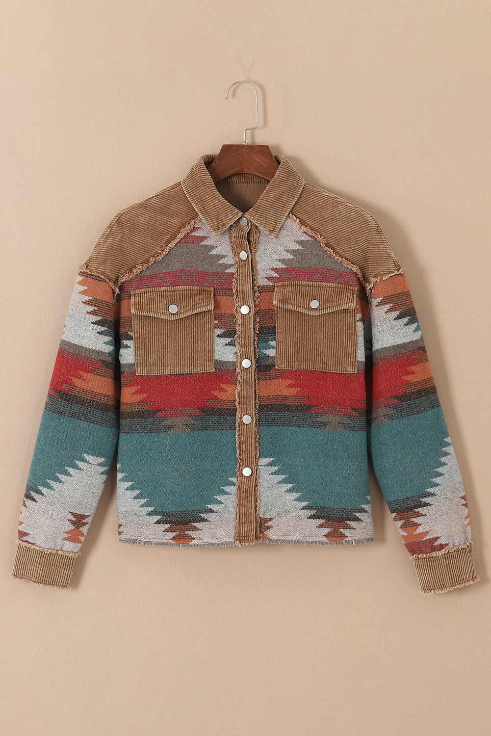 Western Pattern Patchwork Flap Pocket Shacket | Camel