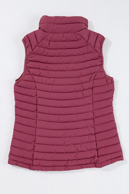 Plush Collared Quilted Zipped Puffer Vest | Burgundy