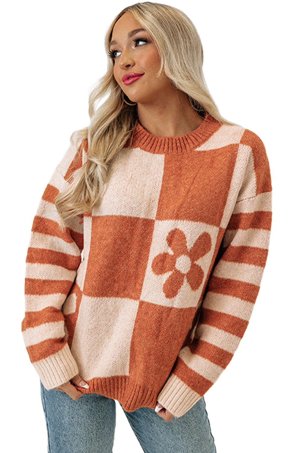 Checkered Floral Print Striped Sleeve Sweater | Brown