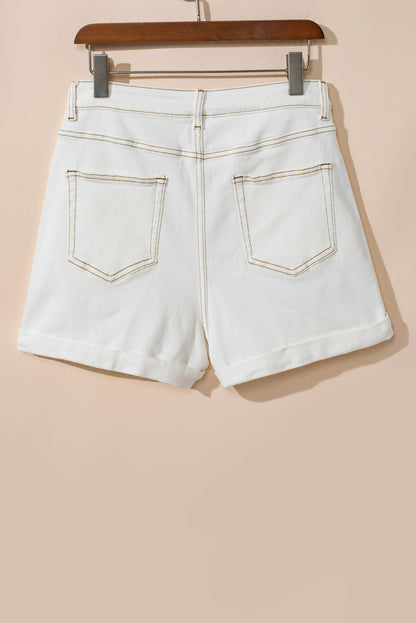 Asymmetric Waist Design Stylish Denim Shorts | White