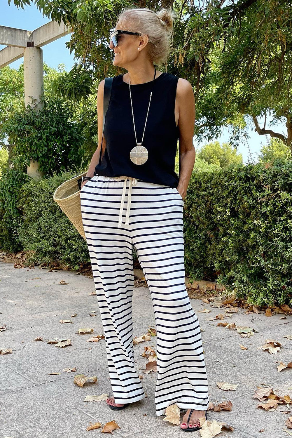 Drawstring Striped Wide Leg Pants | White