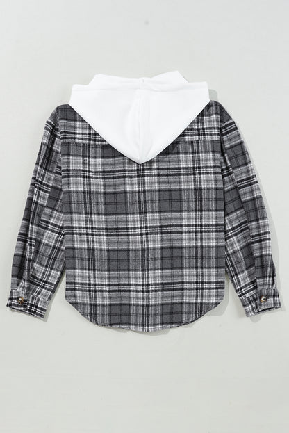 Plaid Print Flap Pockets Contrast Hooded Loose Shacket | Black