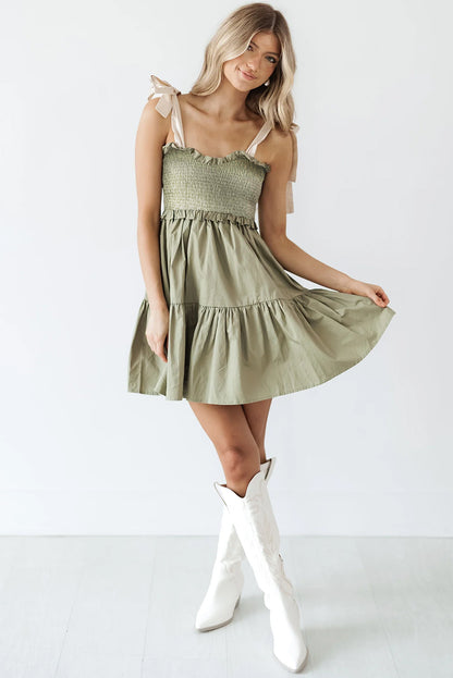 Smocked Bodice Self-Tie Straps A-Line Ruffled Mini Dress | Laurel Green