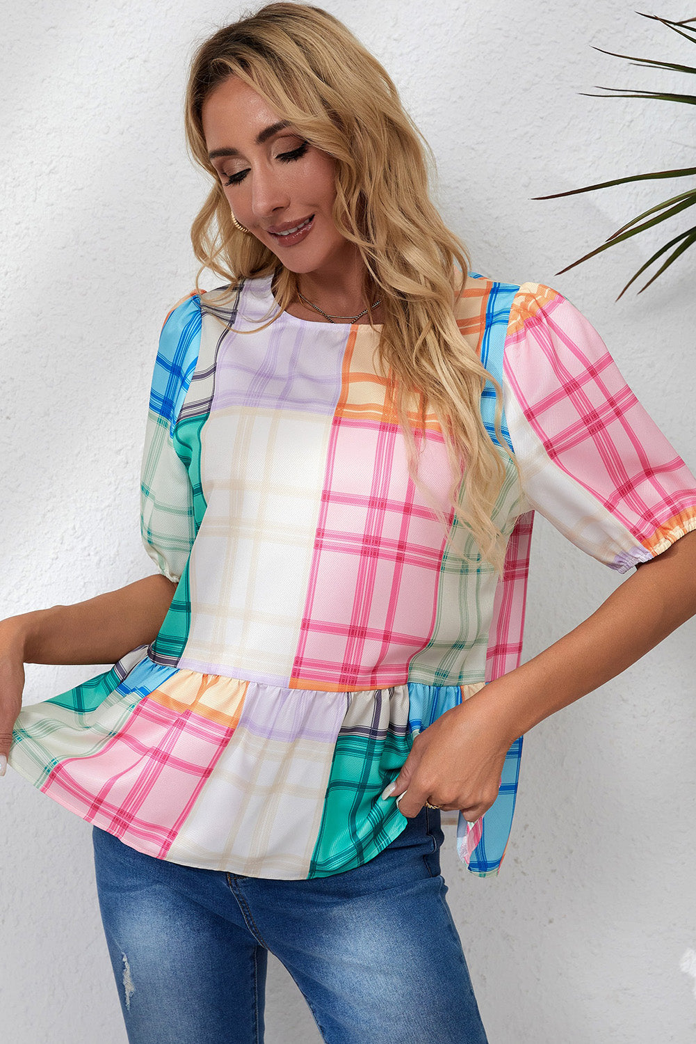 Bold Plaid Colour Block Puff Sleeve Peplum Top | Multicolour