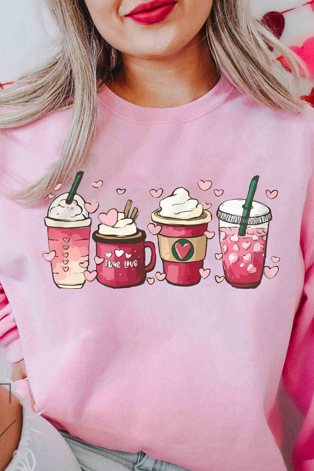 Pink Valentines Sweet Drinking Graphic Print Sweatshirt