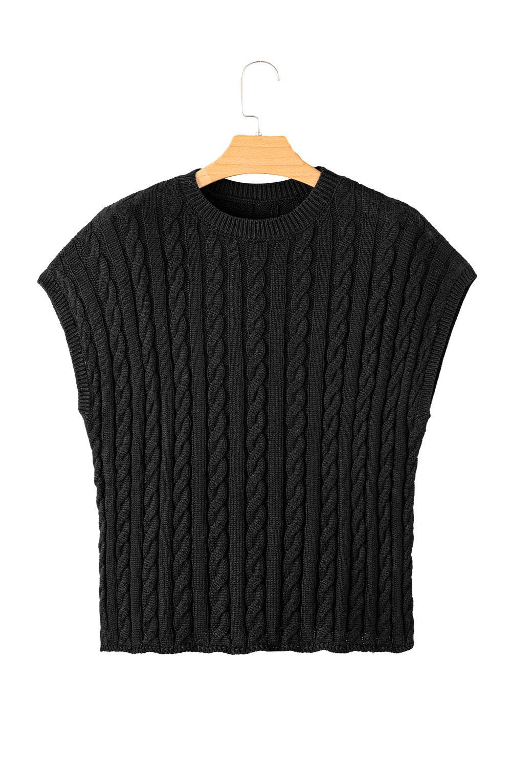 Crew Neck Cable Knit Short Sleeve Sweater | Black