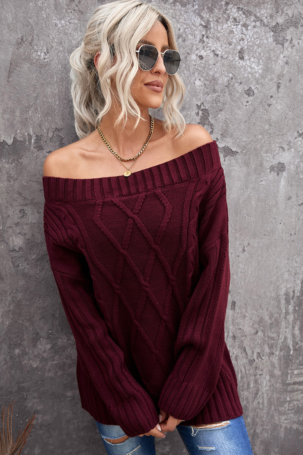 Wine Off The Shoulder Winter Sweater | Red