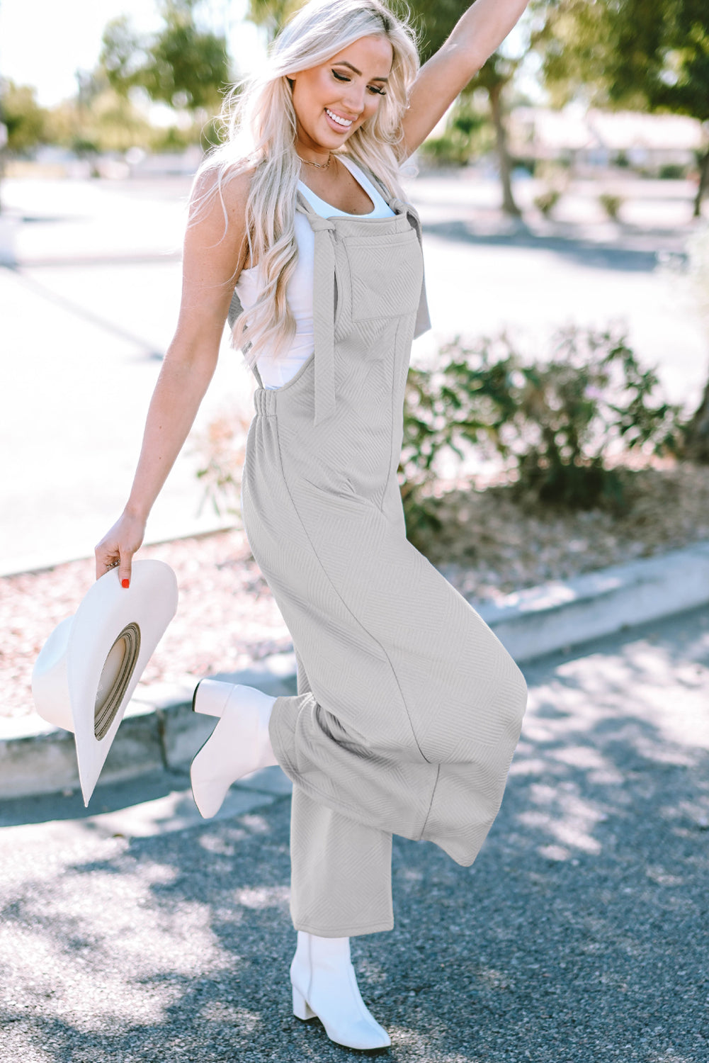 Textured Self-Tie Strap Wide-Leg Overalls | Light Grey