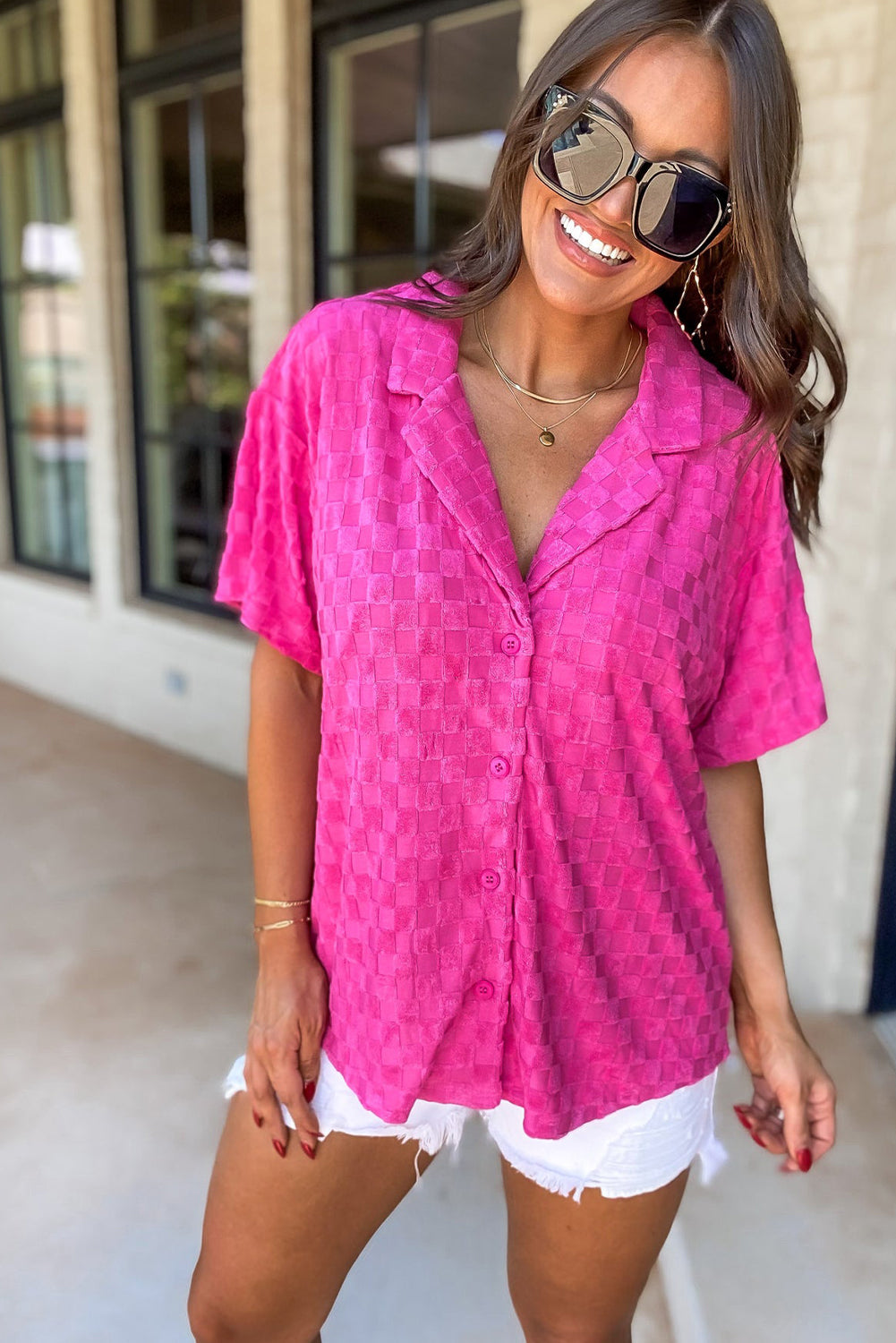 Lapel Neck Checkered Textured Short Sleeve Shirt | Bright Pink