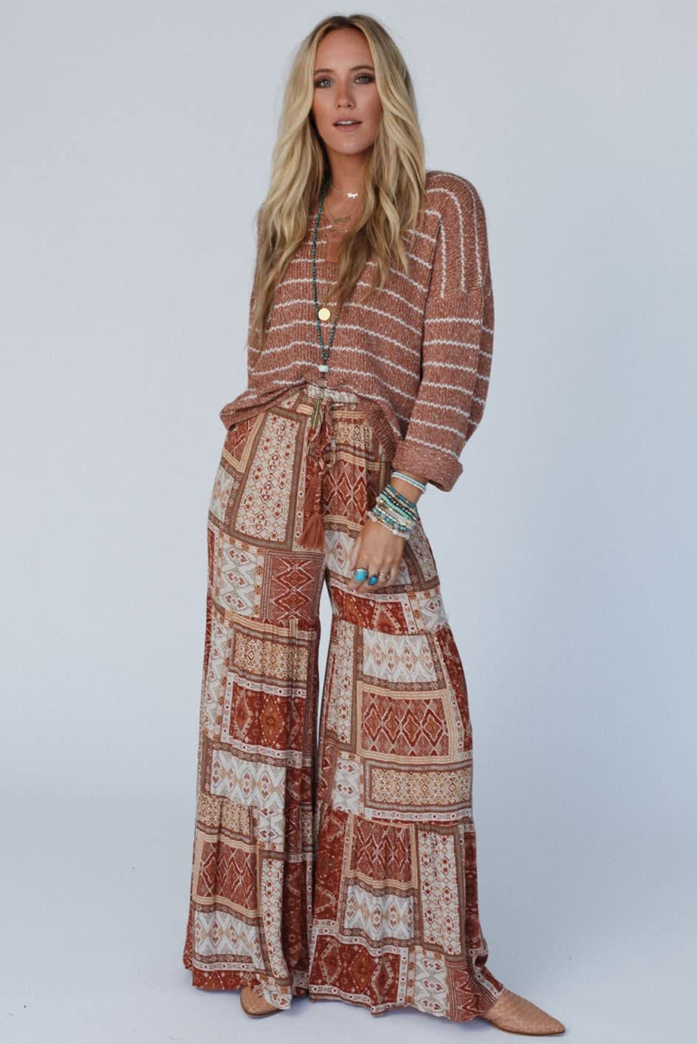 Boho Aztec Print Tiered Palazzo Pants | Brown