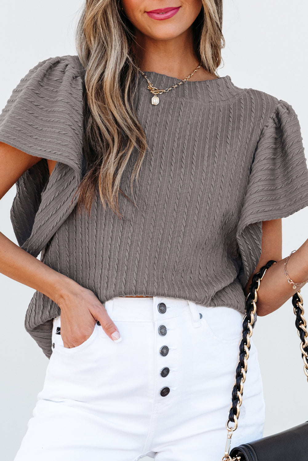 Solid Colour Textured Flutter Sleeve Top | Sleet