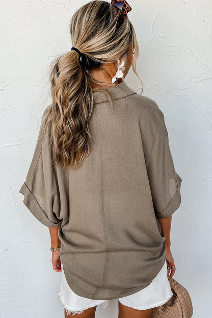 Collared Half Buttons Folded Short Sleeve Oversize Top | Simply Taupe