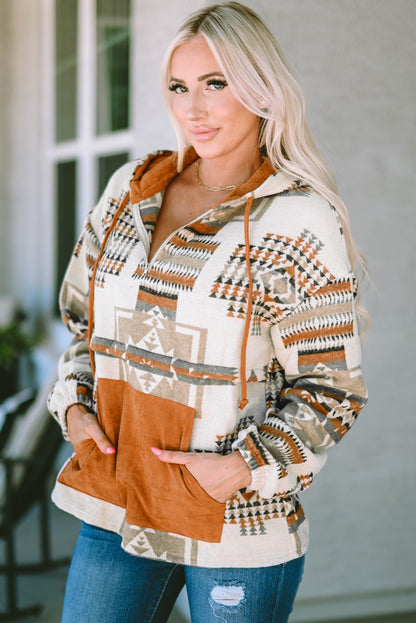 Aztec Print Kangaroo Pocket Half-Zip Hoodie | Beige