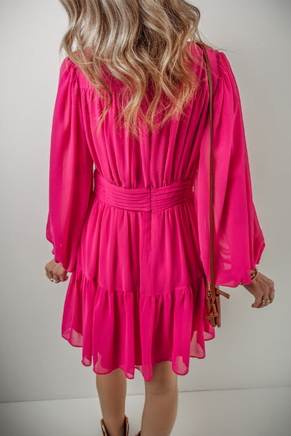 Puff Long Sleeve V Neck Pleated Mini Dress | Rose Red