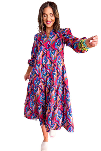 Abstract Geometric Print Long Sleeve High Waist Dress | Multicolour