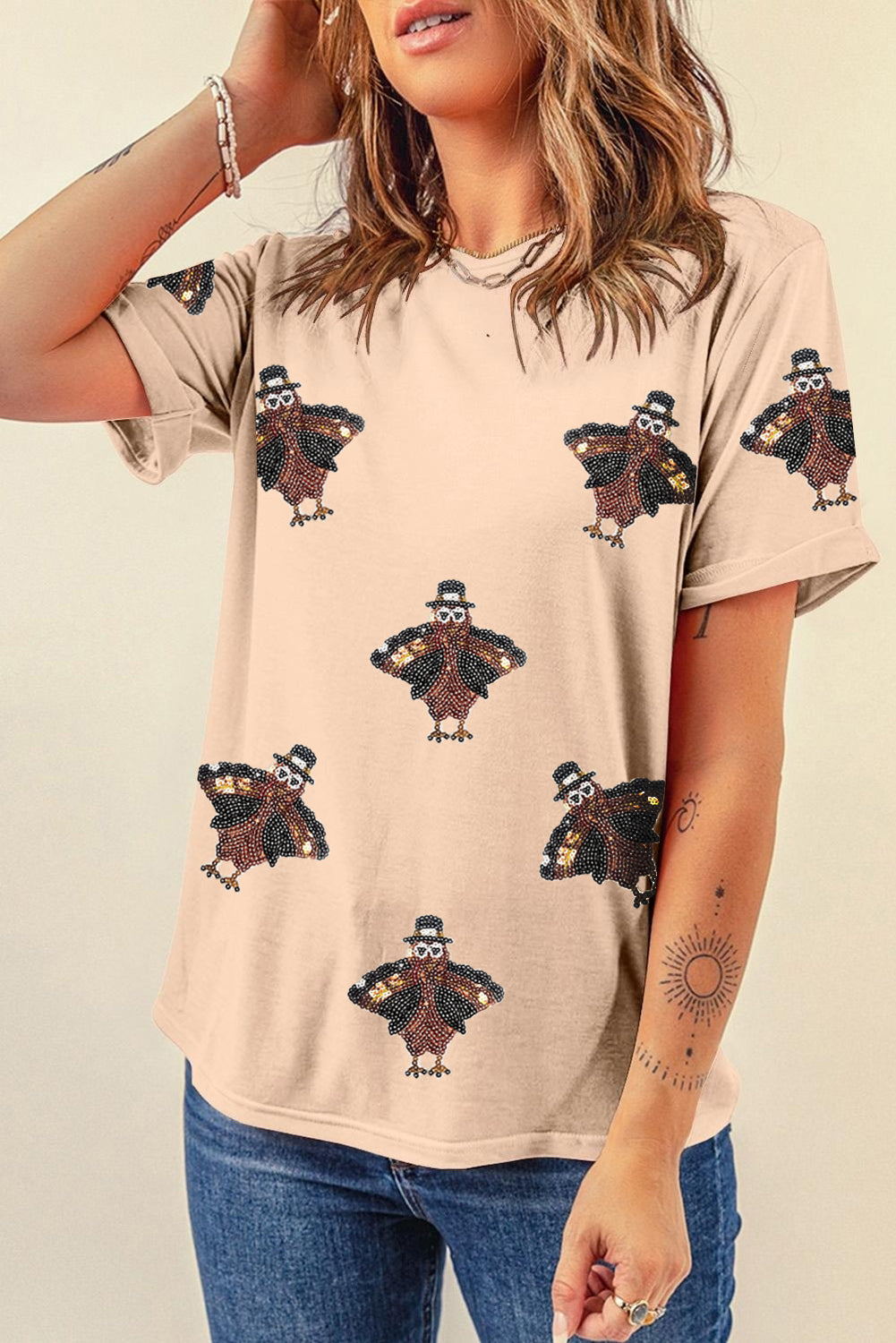 Sequined Turkey Patched Pattern Crewneck Thanksgiving T Shirt | Khaki