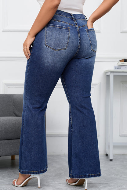 Plus Size Stitching Washed Flare Jeans | Dark Blue