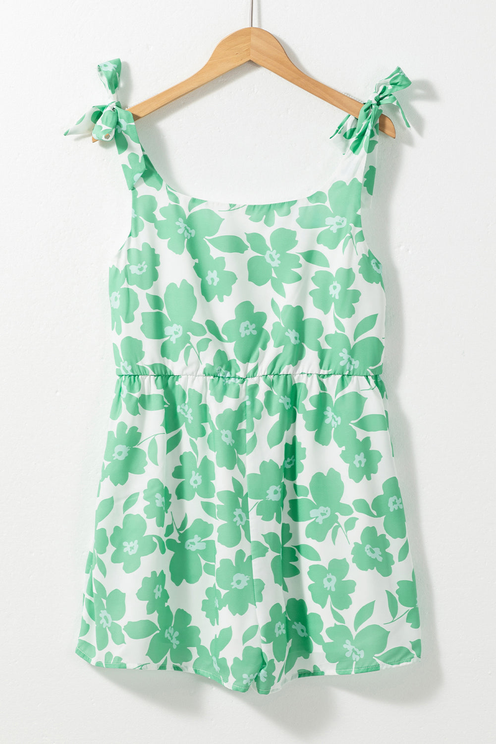 Flower Print Knotted Straps Square Neck Romper | Green