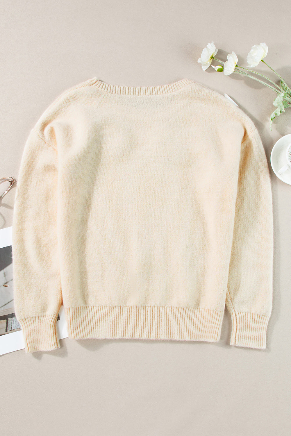 Knitted Flower Pattern Ribbed Edge Sweater | Beige