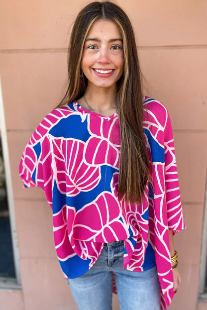 Floral Print 3/4 Sleeve V Neck Baggy Blouse | Rose Red