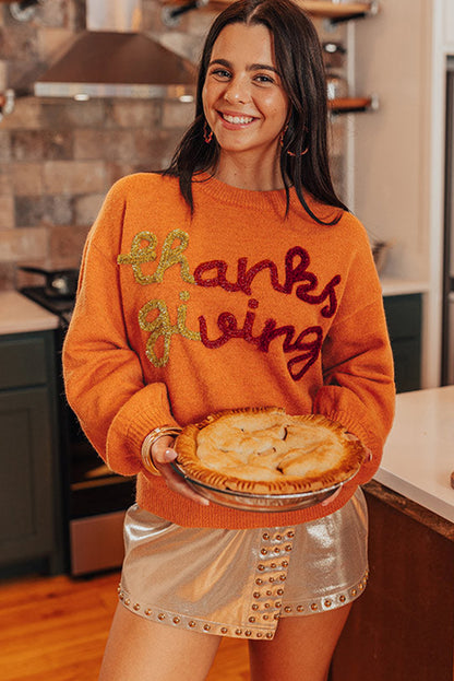 Thanksgiving Tinsel Drop Shoulder Crew Neck Sweater | Russet Orange