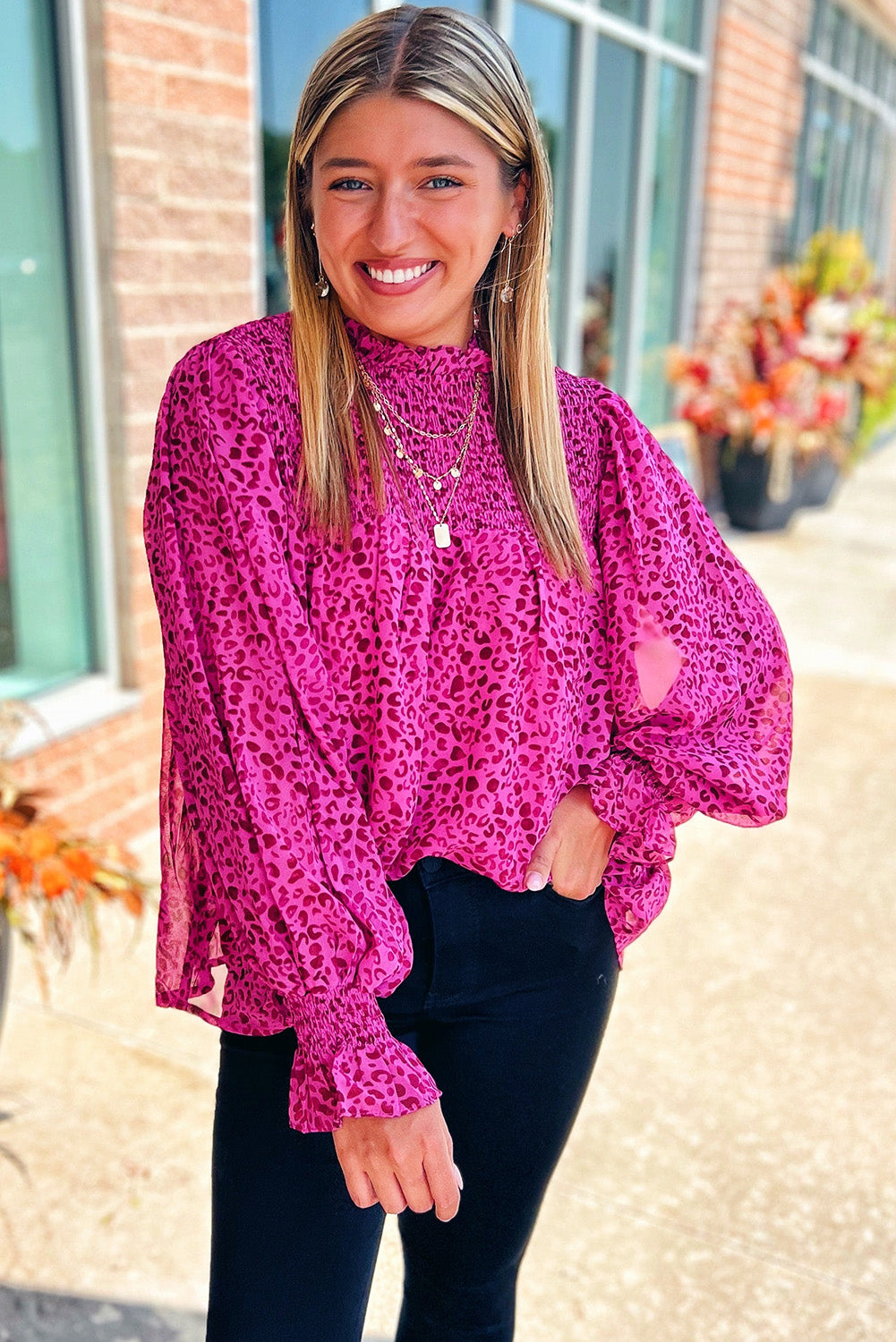 Leopard Shirred Puff Sleeve Flowy Blouse | Rose