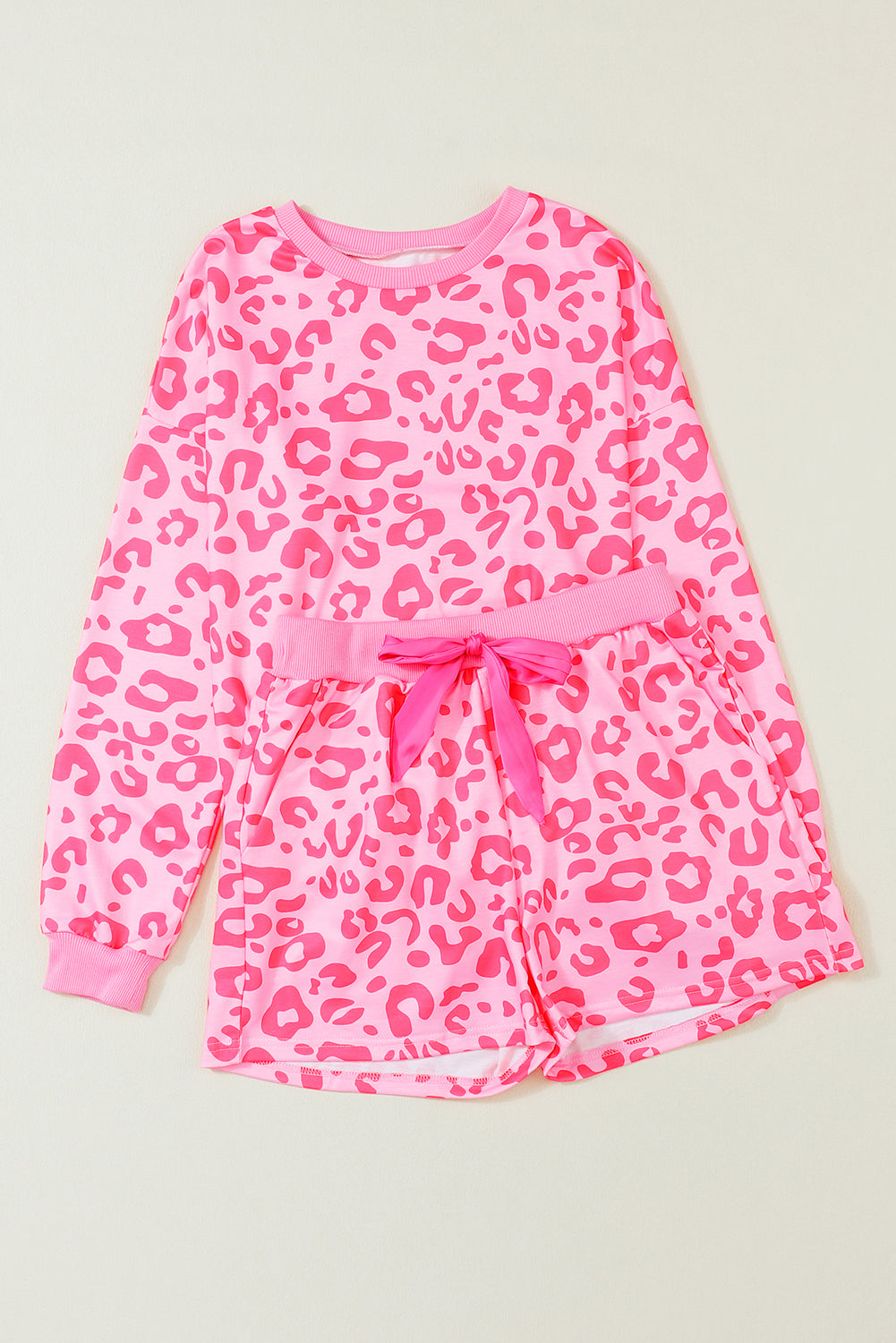 Leopard Long Sleeve Satin Tie Shorts Two Piece Set | Pink