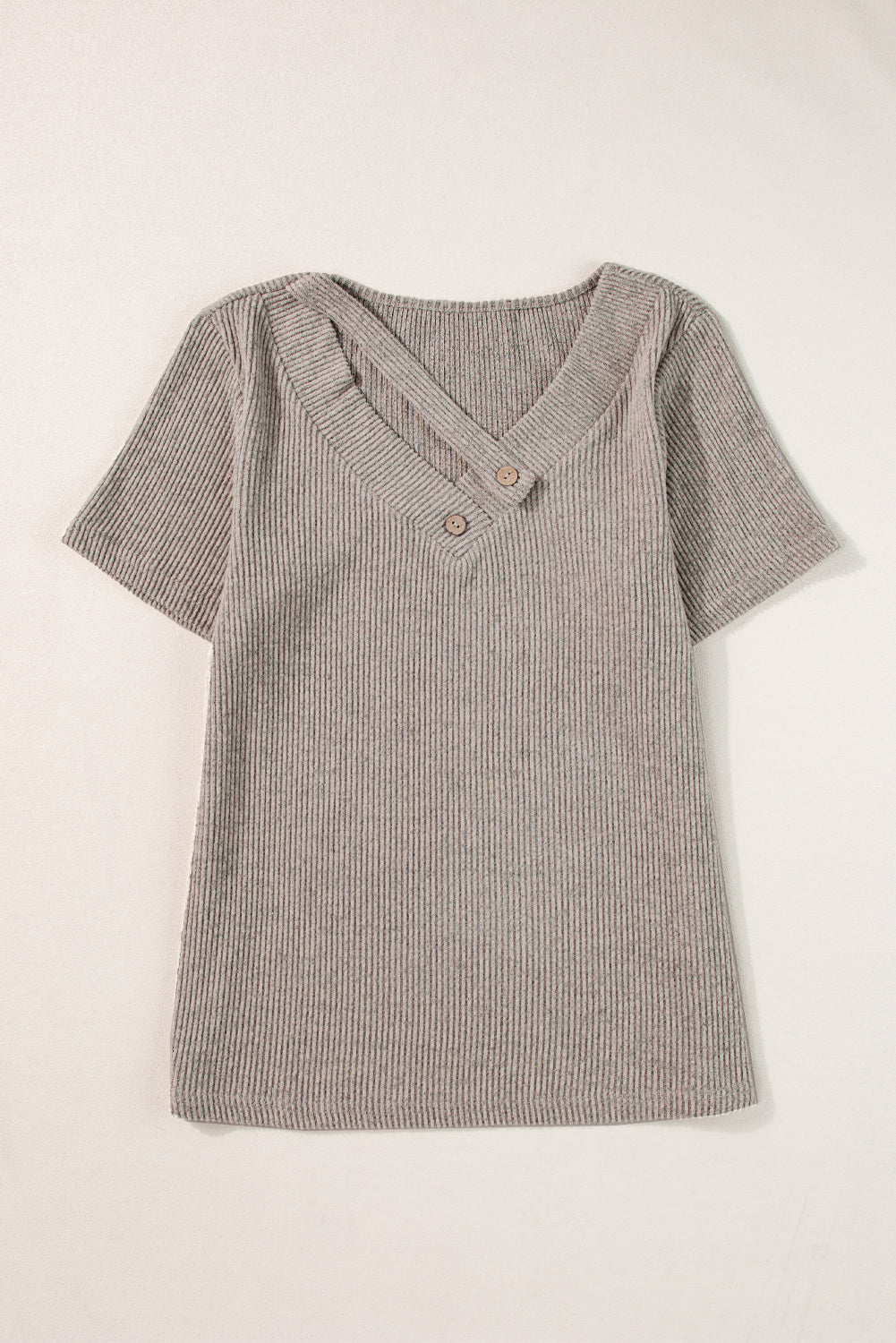 Ribbed Buttoned Strappy V Neck Tee | Pale Khaki