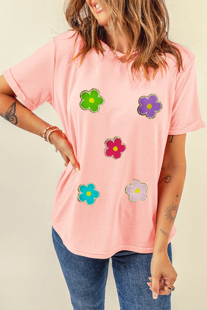 Glittering Chenille Flower Patched Pattern Crewneck T Shirt | Pink