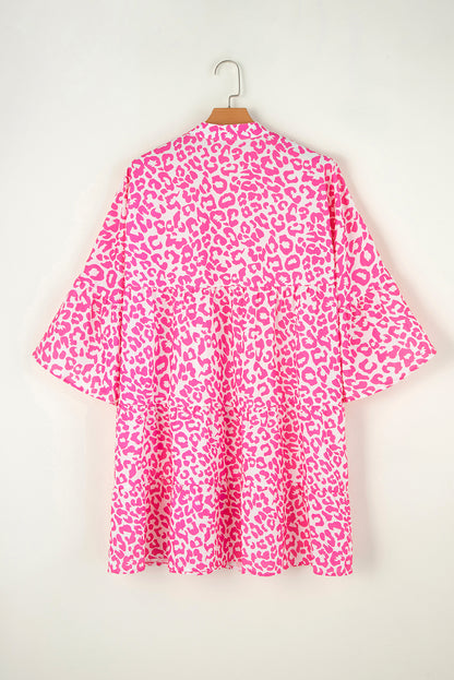 Leopard Printed Long Sleeve Buttoned Front Mini Dress | Bright Pink