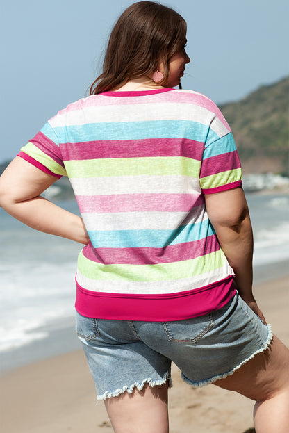 Plus Size Textured Knit Short Sleeve Henley Top | Rose Stripe