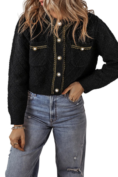 Shimmer Flap Pocket Button Up Cardigan | Black