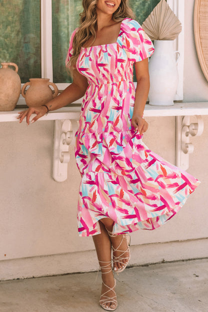 Brush Stroke Printed Smocked Ruffle Tiered Dress | Pink