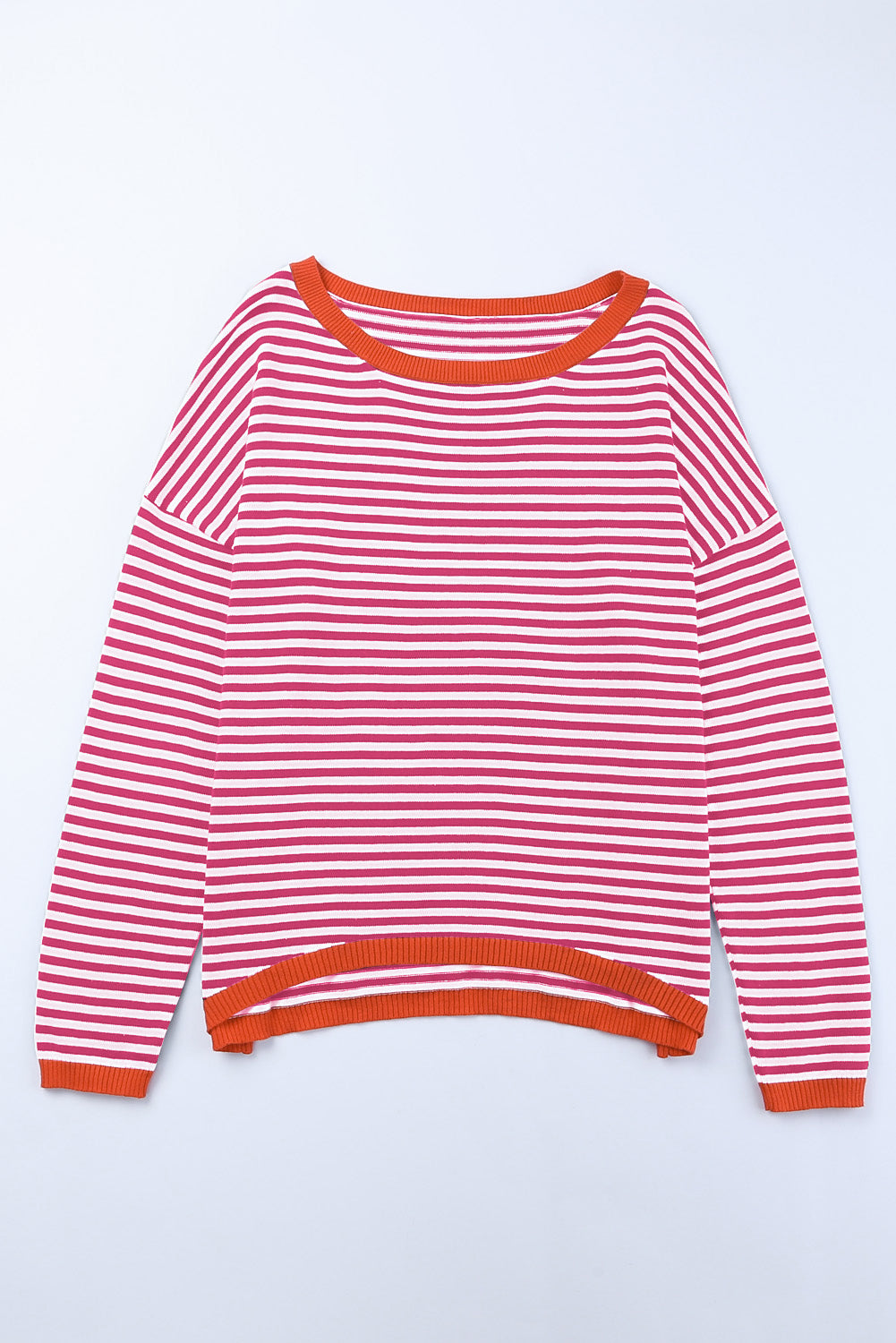 Contrast Trimmed Striped Drop Shoulder Sweater | Pink