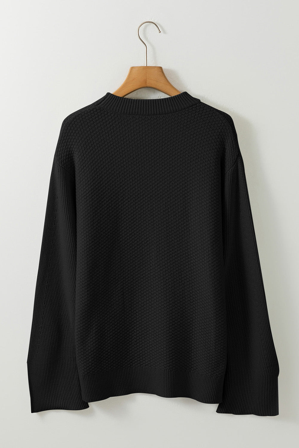 Solid Textured Knit Split Cuff Drop Shoulder Loose Sweater | Black