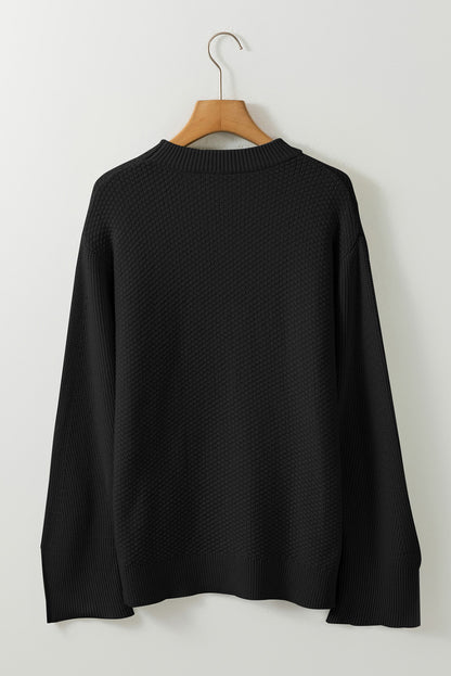 Solid Textured Knit Split Cuff Drop Shoulder Loose Sweater | Black